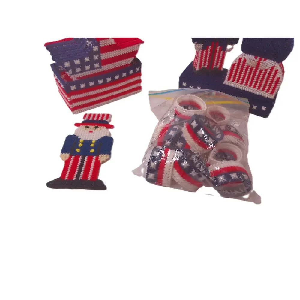 Vintage Canvas Needlepoint Patriotic Table Decor Coasters Napkin Rings Uncle Sam